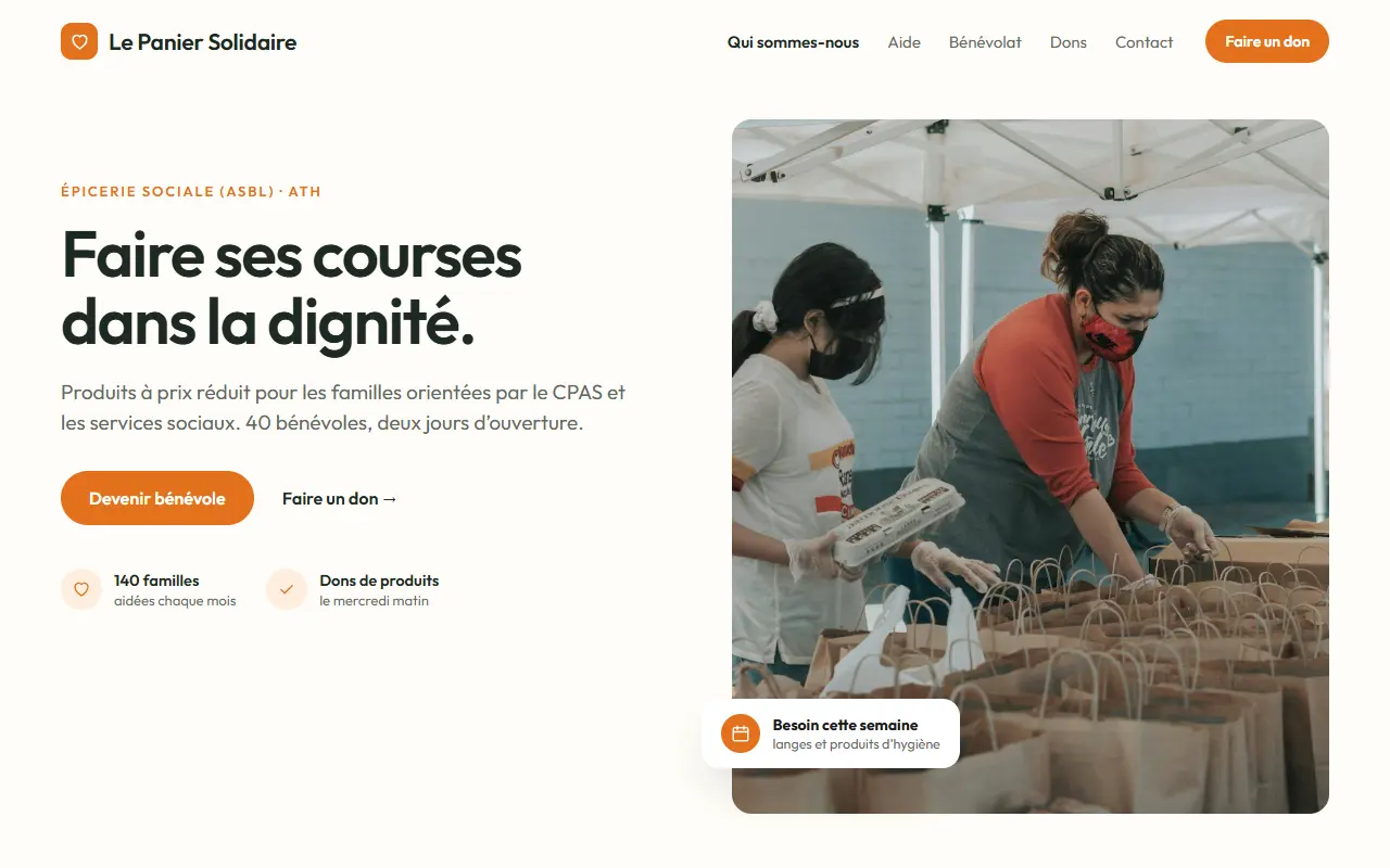 Page d’accueil du projet type Le Panier Solidaire