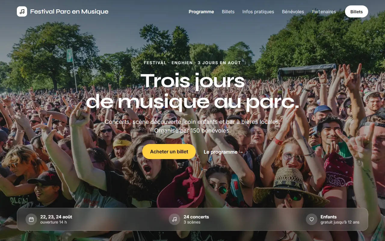 Page d’accueil du projet type Festival Parc en Musique