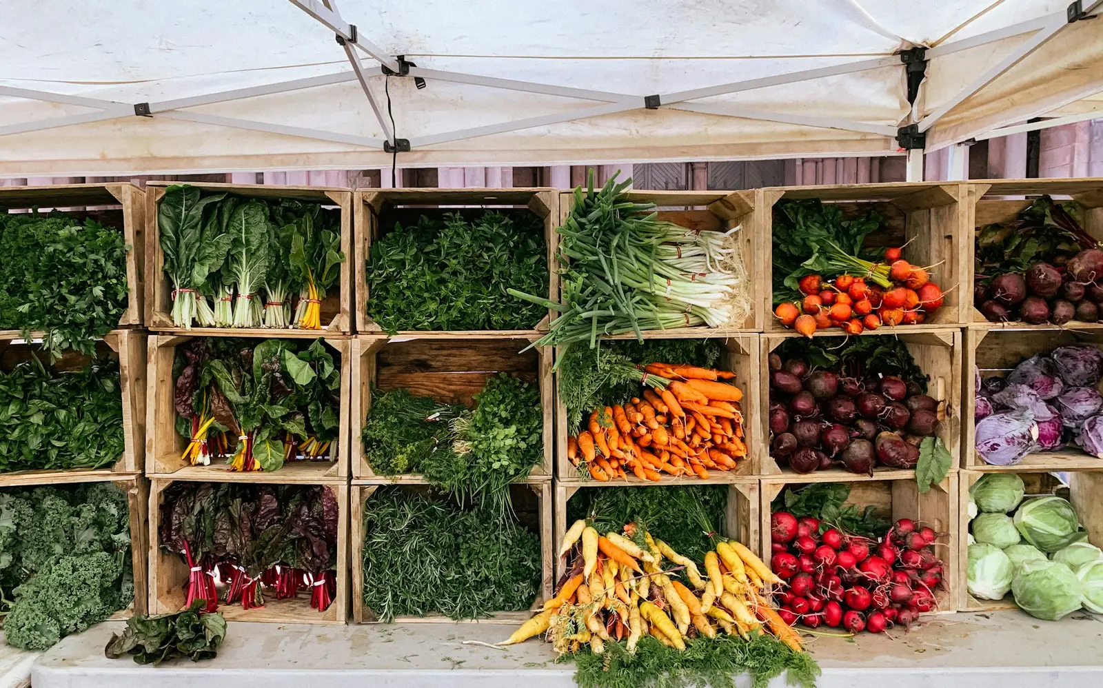 Étal de légumes frais dans une ferme