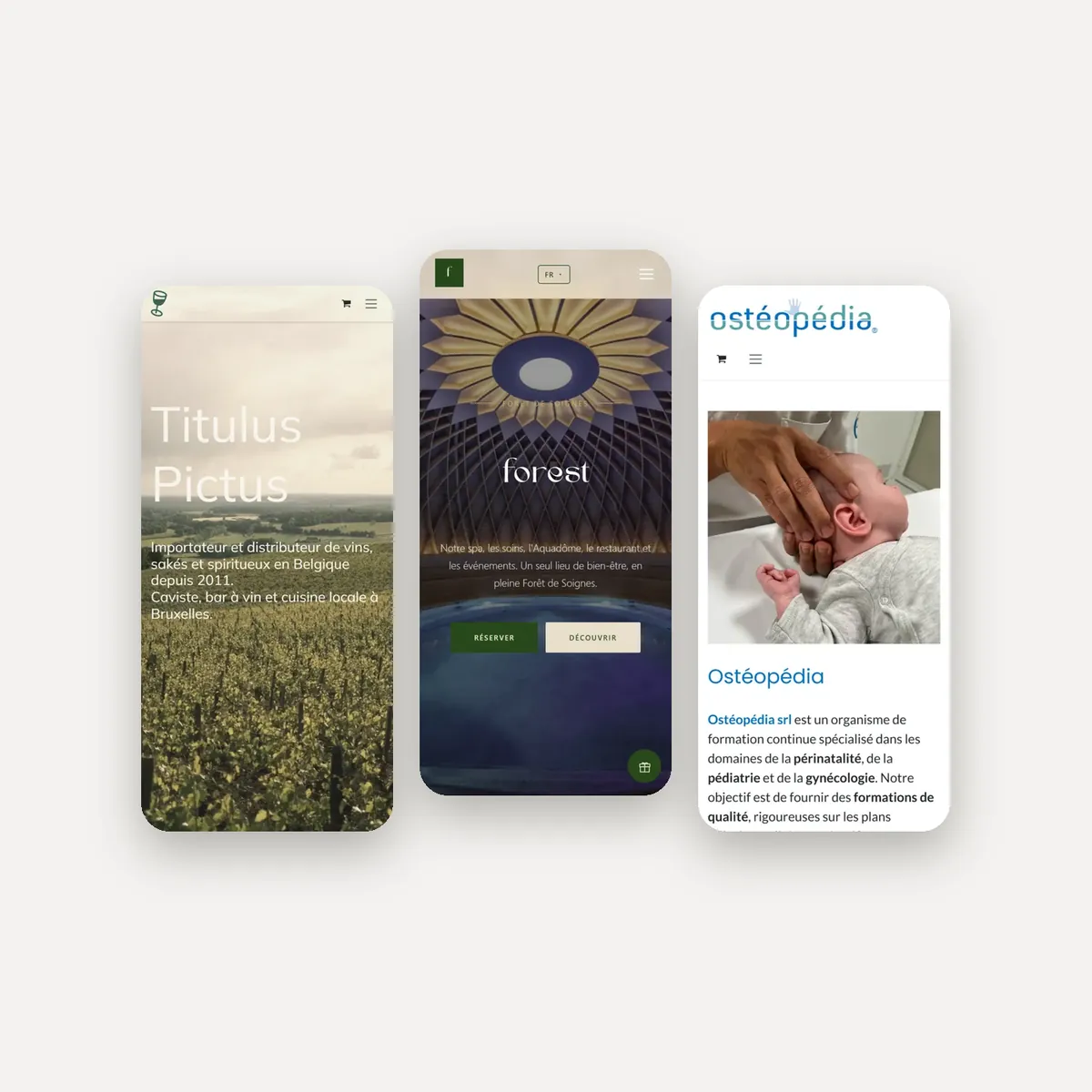 Trois sites réalisés par Web World sur téléphone : Titulus Pictus, Forest et Ostéopédia