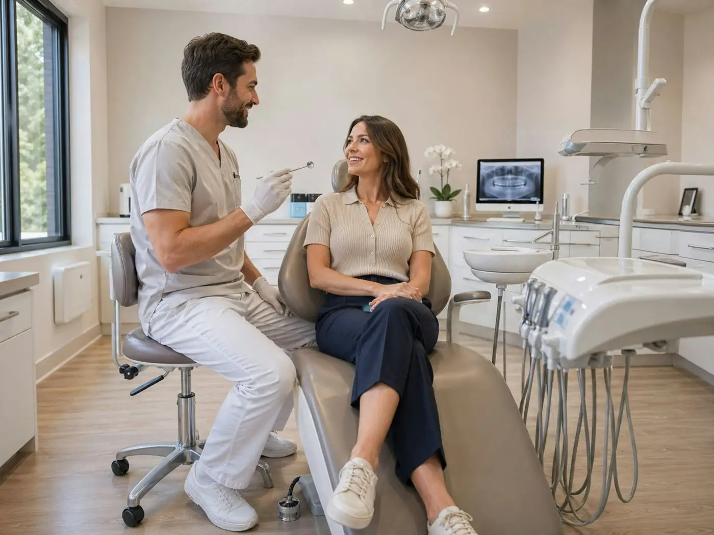 Dentiste qui parle avec une patiente dans un cabinet moderne
